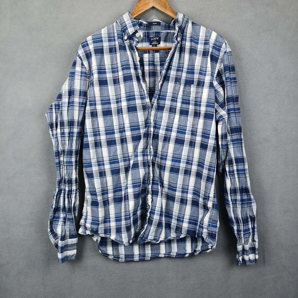 J.Crew Flannel Shirt Mens Large Blue Plaid Flex Washed Slim Fit Button Down